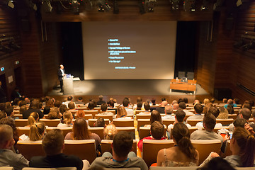 Image showing Business speaker giving a talk in conference hall.