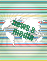 Image showing News and press concept: words News and media on digital screen vector quotation marks with thin line speech bubble. concept of citation, info, testimonials, notice, textbox. isolated on white backgrou