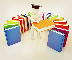 Image showing 3d white man in a graduation hat with useful books - best gift a