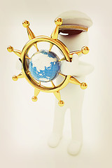 Image showing Sailor with gold steering wheel and earth. Trip around the world