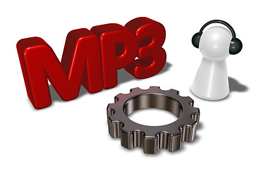 Image showing mp3 tag, gear wheel and pawn with headphones - 3d rendering