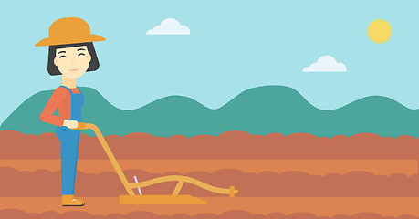 Image showing Farmer on the field with plough.