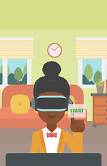 Image showing Woman wearing virtual reality headset.