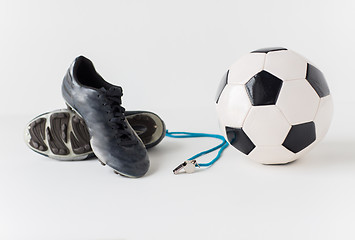 Image showing close up of soccer ball, whistle and boots