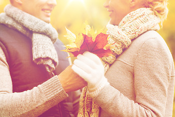 Image showing smiling couple with maple leaves in autumn park