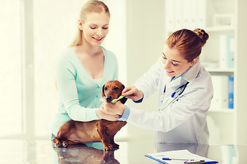 Image showing happy woman with dog and doctor at vet clinic