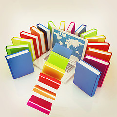 Image showing Colorful books flying and laptop . 3D illustration. Vintage styl