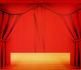 Image showing Red curtains and wooden scene floor . 3D illustration. Vintage s