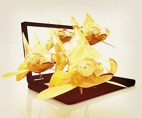 Image showing Gold fishea and laptop. 3D illustration. Vintage style.