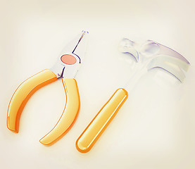 Image showing pliers and hammer. 3D illustration. Vintage style.