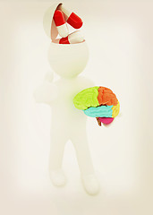 Image showing 3d people - man with half head, brain and trumb up. Medical conc