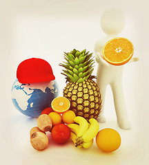 Image showing 3d man with citrus and earth . 3D illustration. Vintage style.