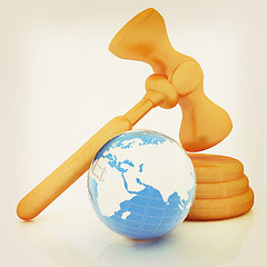 Image showing Wooden gavel and earth isolated on white background. Global auct