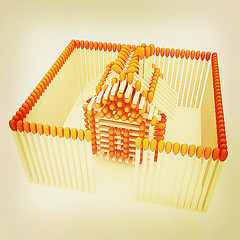 Image showing Log house from matches pattern. 3D illustration. Vintage style.