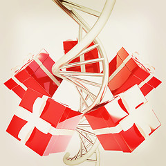 Image showing DNA structure model and gifts. 3D illustration. Vintage style.