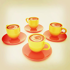 Image showing Coffee cups on saucer. 3D illustration. Vintage style.