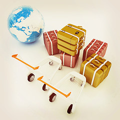 Image showing Trolley for luggage at the airport and earth. International tour