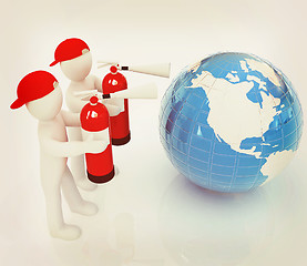 Image showing 3d mans with red fire extinguisher extinguish earth . 3D illustr