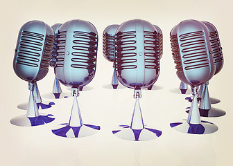 Image showing 3d rendering of a microphones. 3D illustration. Vintage style.
