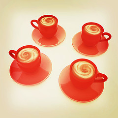 Image showing Coffee cups on saucer. 3D illustration. Vintage style.