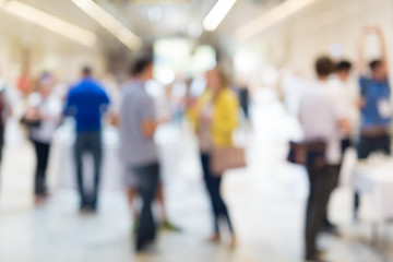 Image showing Abstract blurred people socializing during coffee break at business conference.