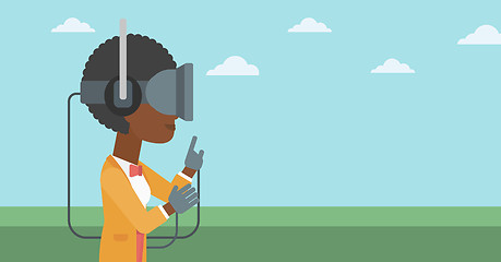 Image showing Woman wearing virtual reality headset.