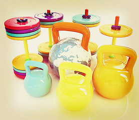 Image showing Colorful weights and dumbbells and earth. Global . 3D illustrati