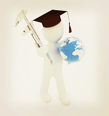 Image showing 3d man in graduation hat with Earth and vernier caliper . 3D ill