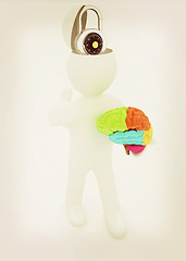 Image showing 3d people - man with half head, brain and trumb up. The concept 