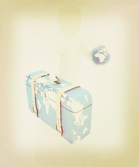 Image showing Leather suitcase for travel with 3d man and earth. 3D illustrati