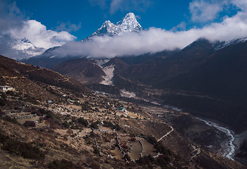 Image showing Ama Dablam and Nepalese village in Himalayas