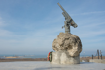 Image showing Taman, Russia - March 8, 2016: A monument to Soviet paratroopers in the Tuzla Spit - Lender gun with armored BKA 73 Azov flotilla Black Sea Fleet, who died 02.11.1943 in Kerch-Eltigen Operation