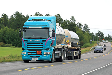 Image showing Turquoise Scania Tank Truck ADR Transport on the Road