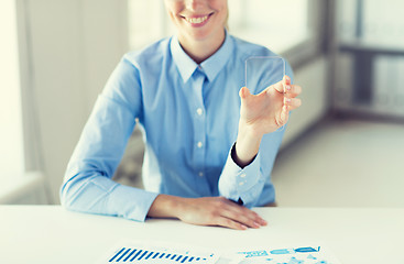 Image showing close up of woman with transparent smartphone