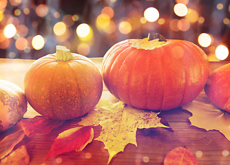 Image showing close up of pumpkins on wooden table at home