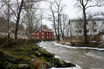 Image showing Kungsbacka river with  cold water and ice