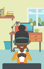 Image showing Woman wearing virtual reality headset.