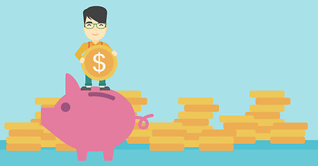 Image showing Man putting coin in piggy bank vector illustration