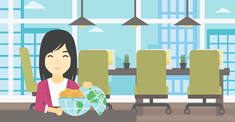 Image showing Business woman with Earth globe full of money.