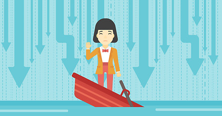 Image showing Business woman standing in sinking boat.