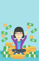 Image showing Happy business woman sitting on coins.