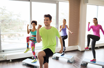 Image showing group of people working out with steppers in gym