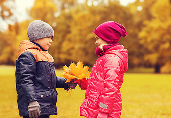 Image showing little boy giving autumn maple leaves to girl