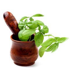 Image showing Basil in Mortar with Pestle