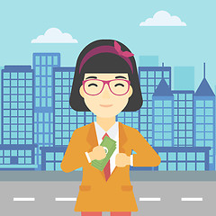 Image showing Woman putting money in pocket vector illustration.