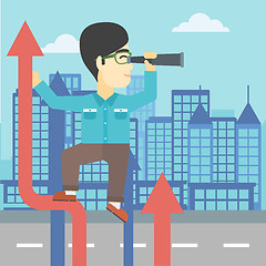 Image showing Businessman with spyglass on rising arrow.