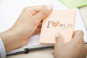 Image showing Love my job text on adhesive note