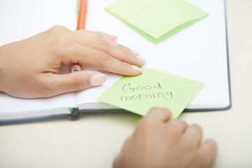 Image showing Good morning text on adhesive paper