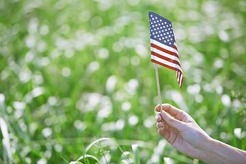 Image showing Woman holding US flag in a grassland