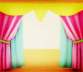 Image showing Colorfull curtains and wooden scene floor . 3D illustration. Vin